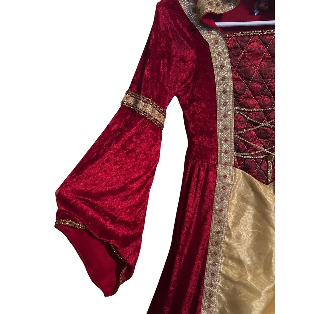 Renaissance Medieval Princess Costume Red Gold Hooded Velvet Hoop Dress Girls M